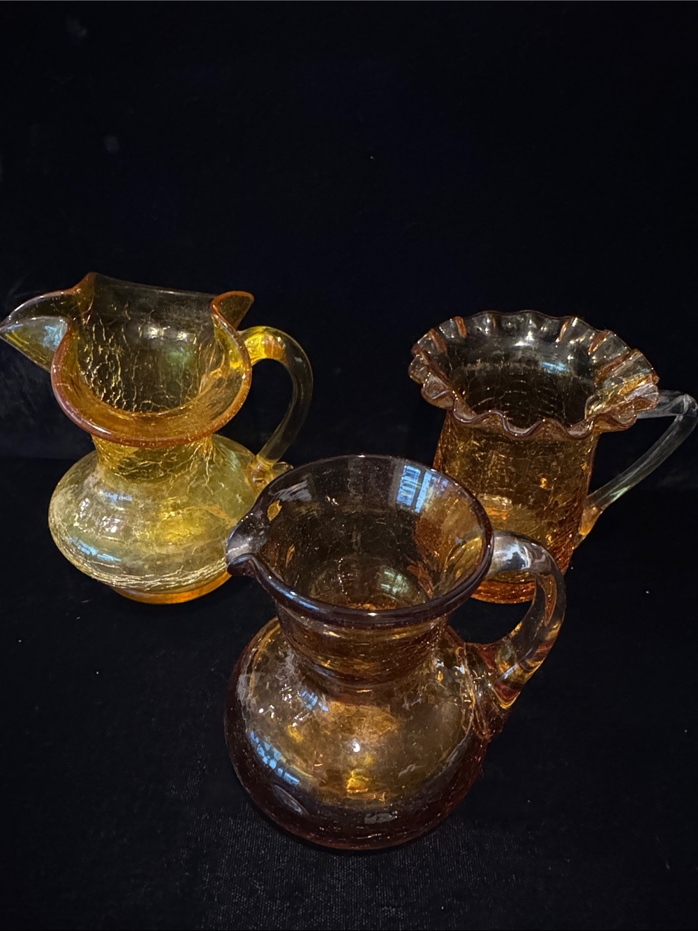 Set of 3 Amber Hand-Blown Mid-Century Miniature Crackle Pitchers 3 1/4 - 4” Tall